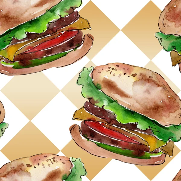 Hamburger fast-food izolat. Set de ilustrații de fundal acuarelă. Model de fundal fără sudură . — Fotografie, imagine de stoc