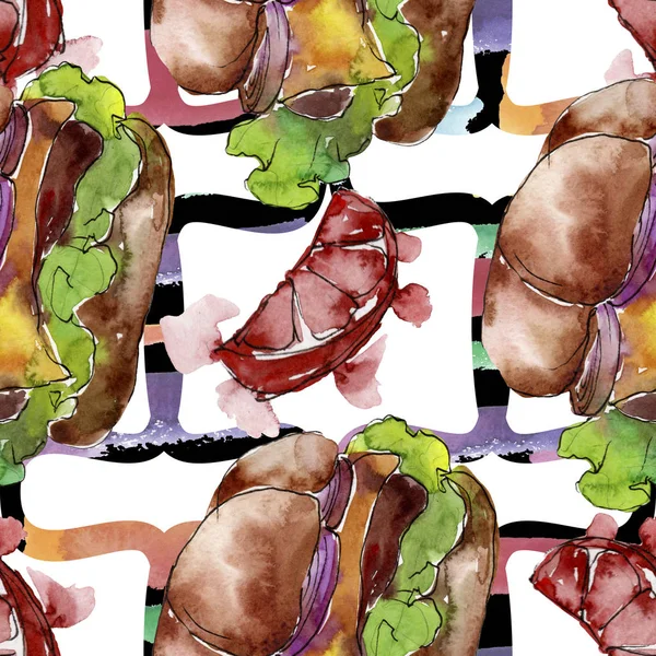Гамбургер фаст-фуд изолирован. Набор акварельных фонов. Бесшовный рисунок фона . — стоковое фото