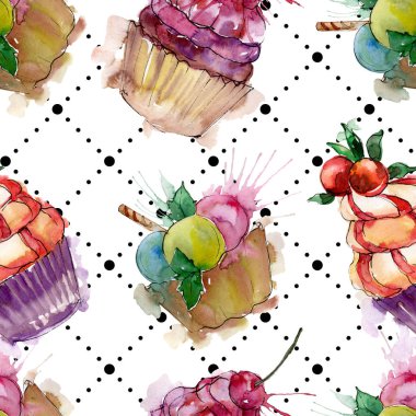 Suluboya tarzında lezzetli cupcake. Aquarelle tatlı tatlı illüstrasyon seti. Kesintisiz arka plan deseni.