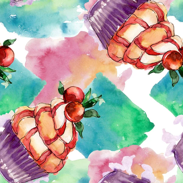 Smakelijke Cupcake in een aquarel stijl. Aquarelle zoete dessert illustratie instellen. Naadloos achtergrond patroon. — Stockfoto