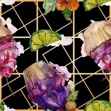 Suluboya tarzında lezzetli cupcake. Aquarelle tatlı tatlı illüstrasyon seti. Kesintisiz arka plan deseni.