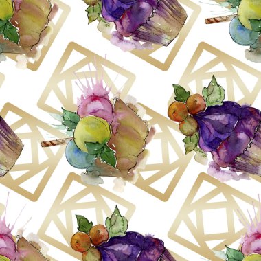Suluboya tarzında lezzetli cupcake. Aquarelle tatlı tatlı illüstrasyon seti. Kesintisiz arka plan deseni.