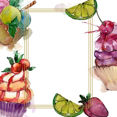 Suluboya tarzında lezzetli cupcake. Aquarelle tatlı tatlı illüstrasyon seti. Çerçeve kenarlık süs karesi.