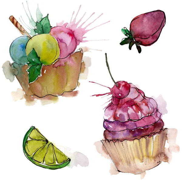 Tasty cupcake in a watercolor style. Aquarelle sweet dessert illustration set. Isolated desserts background element. — Stock Photo, Image