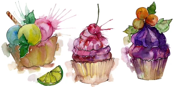 Tasty cupcake in a watercolor style. Aquarelle sweet dessert illustration set. Isolated desserts background element. — Stock Photo, Image