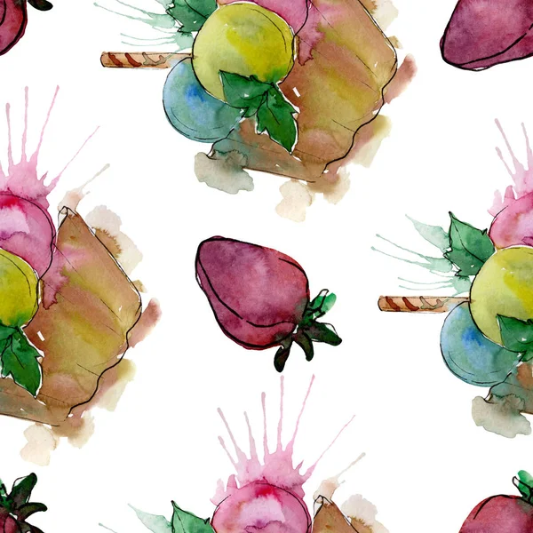 Läckra cupcake i en akvarell stil. Aquarelle söt dessert illustration set. Sömlöst bakgrundsmönster. — Stockfoto