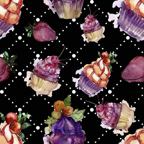 Läckra cupcake i en akvarell stil. Aquarelle söt dessert illustration set. Sömlöst bakgrundsmönster. — Stockfoto