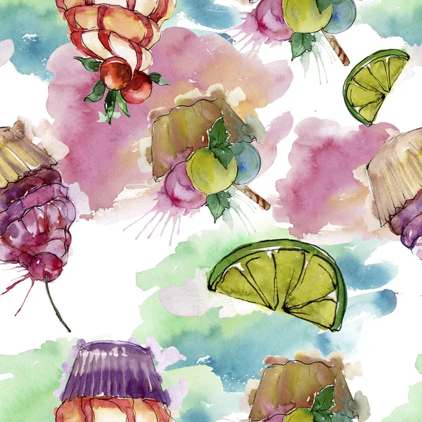 Leckere Cupcake im Aquarell-Stil. Aquarell süßes Dessertillustrationsset. nahtloses Hintergrundmuster. — Stockfoto