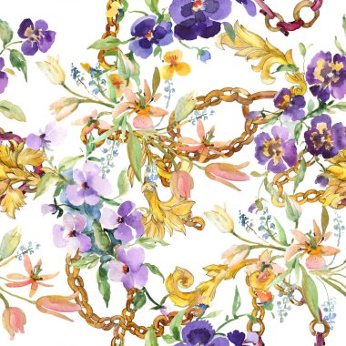 Buket çiçek botanik çiçekler. Suluboya arka plan illüstrasyon seti... Kesintisiz arka plan deseni.