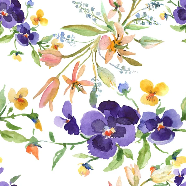 Buket çiçek botanik çiçekler. Suluboya arka plan illüstrasyon seti... Kesintisiz arka plan deseni.