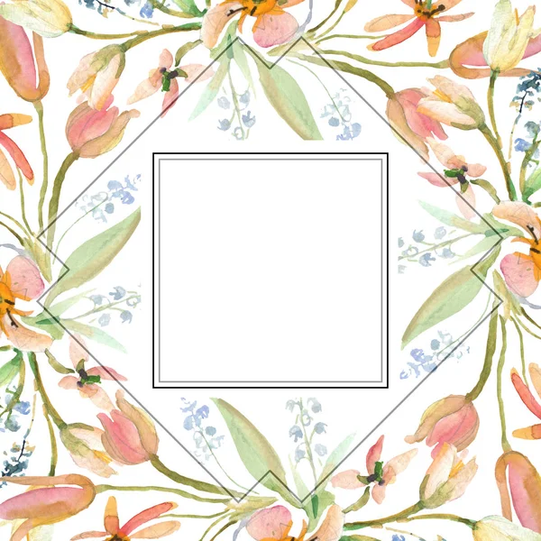 Bouquet floreale fiori botanici. Acquerello sfondo illustrazione set. Quadrato ornamento bordo cornice . — Foto Stock