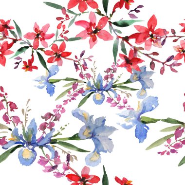 Buket çiçek botanik çiçekler. Suluboya arka plan illüstrasyon küme. Sorunsuz arka plan deseni.