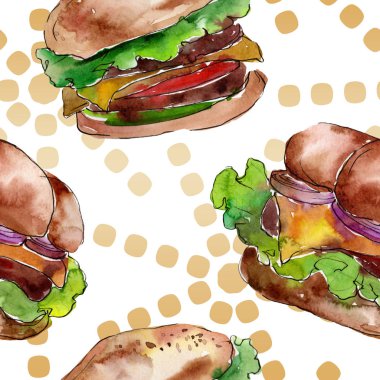 Hamburger fast food izole. Suluboya arka plan illüstrasyon seti. Kesintisiz arka plan deseni.