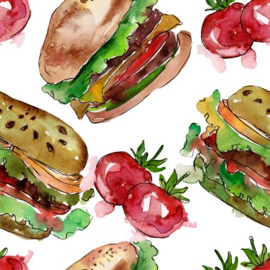 Hamburger fast food izole. Suluboya arka plan illüstrasyon seti. Kesintisiz arka plan deseni.