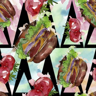 Hamburger fast food izole. Suluboya arka plan illüstrasyon seti. Kesintisiz arka plan deseni.