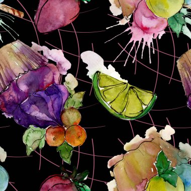 Suluboya tarzında lezzetli cupcake. Aquarelle tatlı tatlı illüstrasyon seti. Kesintisiz arka plan deseni.