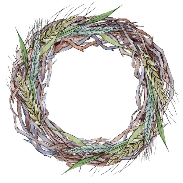 Oreja verde de trigo y hoja de hierba. Conjunto de ilustración de fondo acuarela. Marco borde ornamento cuadrado . — Foto de Stock