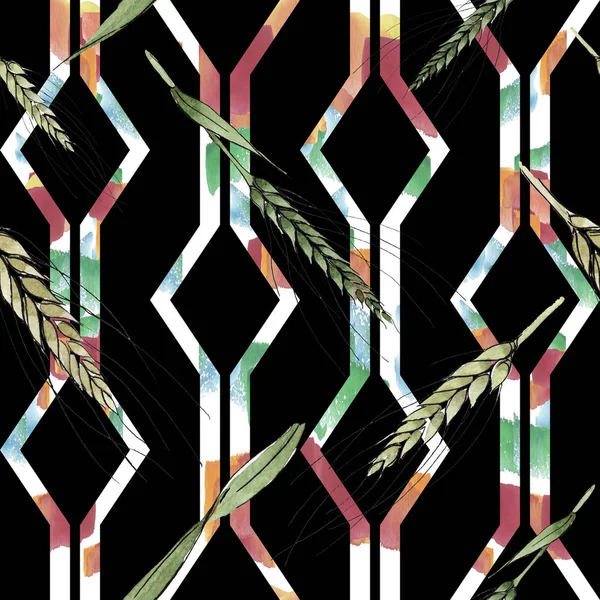 Oreja verde de trigo y hoja de hierba. Conjunto de ilustración de fondo acuarela. Patrón de fondo sin costuras . —  Fotos de Stock