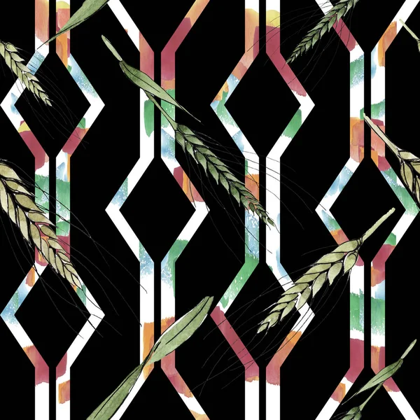 Green ear of wheat and blade of grass. Watercolor background illustration set. Seamless background pattern.