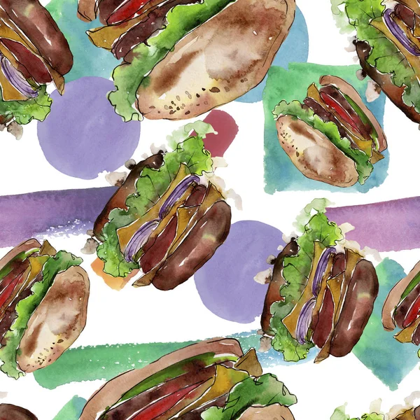 Hamburger Fast Food geïsoleerd. Aquarel achtergrond illustratie instellen. Naadloos achtergrond patroon. — Stockfoto