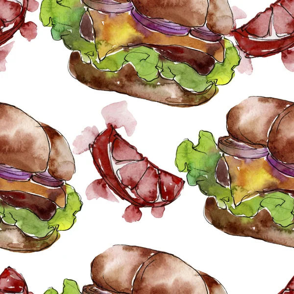 Hambúrguer fast food isolado. Conjunto de ilustração de fundo aquarela. Padrão de fundo sem costura . — Fotografia de Stock