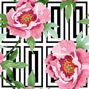 Koyu kırmızı şakayık çiçek botanik çiçekler. Suluboya arka plan illüstrasyon seti. Kesintisiz arka plan deseni.