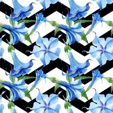 Mavi brugmansia çiçek botanik çiçekleri. Suluboya arka plan illüstrasyon seti. Kesintisiz arka plan deseni.