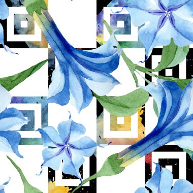 Mavi brugmansia çiçek botanik çiçekleri. Suluboya arka plan illüstrasyon seti. Kesintisiz arka plan deseni.