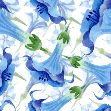 Mavi brugmansia çiçek botanik çiçekleri. Suluboya arka plan illüstrasyon seti. Kesintisiz arka plan deseni.