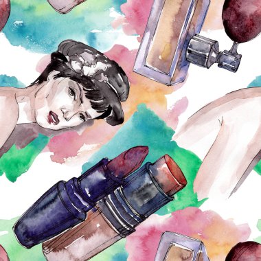 Moda kroki glamour çizimde bir suluboya stil izole öğesi. Sorunsuz arka plan deseni.