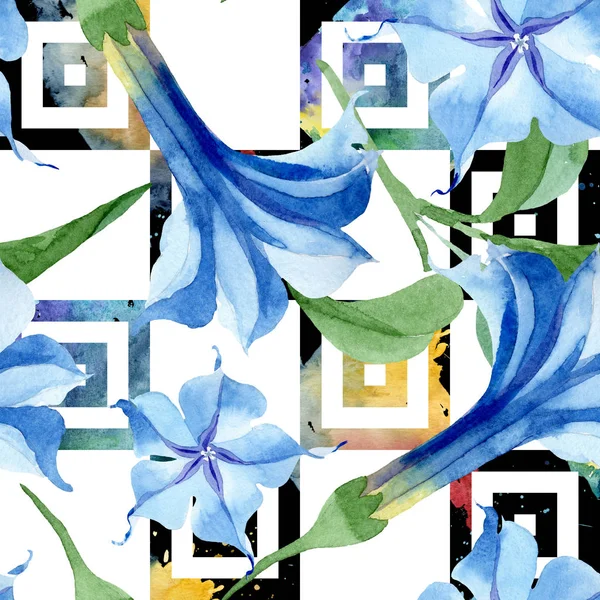Blå Brugmansia blommiga botaniska blommor. Akvarell bakgrund illustration uppsättning. Sömlöst bakgrundsmönster. — Stockfoto