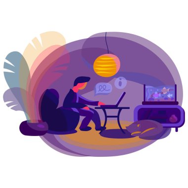 Vektör Adam serbest çalışan evden bir laptoop üzerinde çalışıyor. Her yerden online uzaktan jobe. Oyulmuş mürekkep sanatı.