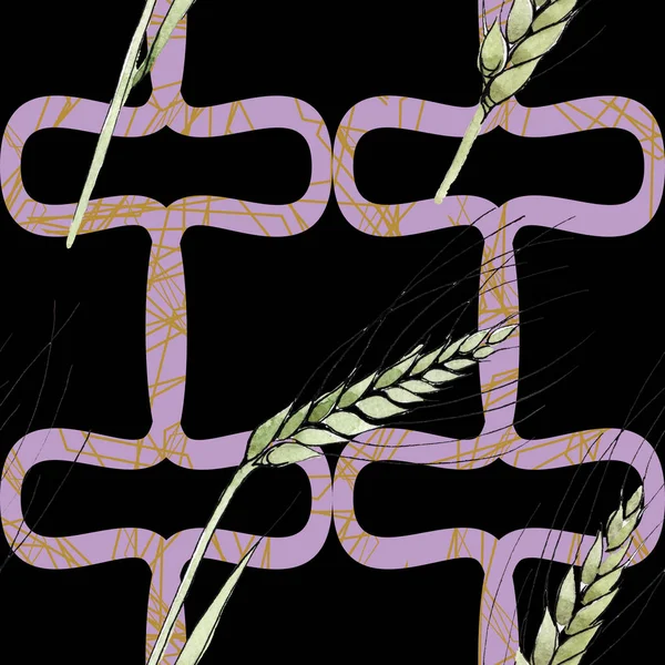 小麦の緑の耳と草の刃。●水彩背景イラストセット。シームレスな背景パターン. — ストック写真