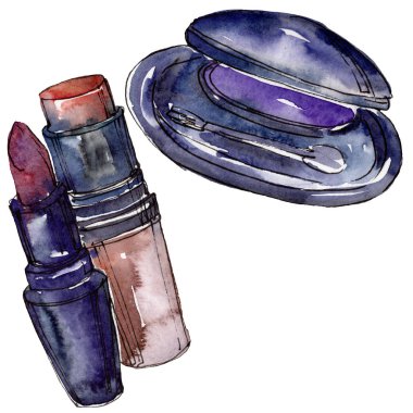 Bir suluboya tarzı izole eleman göz farı ve ruj kroki glamour illüstrasyon. Suluboya arka plan seti.