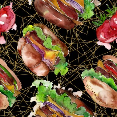 Hamburger fast food izole. Suluboya arka plan illüstrasyon seti. Kesintisiz arka plan deseni.