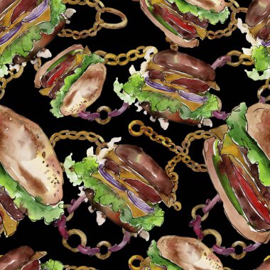 Hamburger fast food izole. Suluboya arka plan illüstrasyon seti. Kesintisiz arka plan deseni.