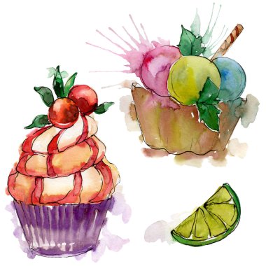 Suluboya tarzında lezzetli cupcake. Aquarelle tatlı tatlı illüstrasyon seti. İzole tatlılar arka plan elemanı.