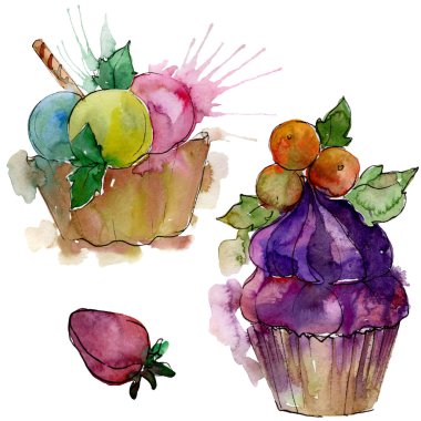 Suluboya tarzında lezzetli cupcake. Aquarelle tatlı tatlı illüstrasyon seti. İzole tatlılar arka plan elemanı.
