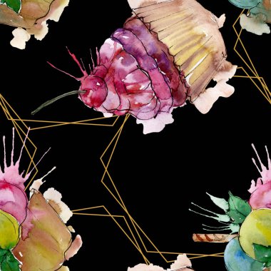 Suluboya tarzında lezzetli cupcake. Aquarelle tatlı tatlı illüstrasyon seti. Kesintisiz arka plan deseni.