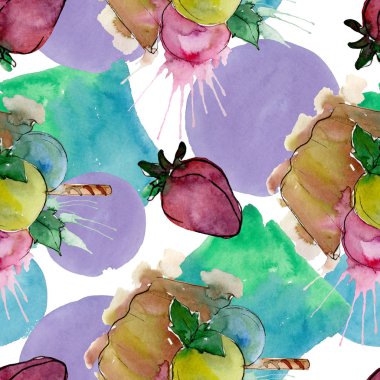 Suluboya tarzında lezzetli cupcake. Aquarelle tatlı tatlı illüstrasyon seti. Kesintisiz arka plan deseni.