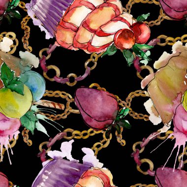 Suluboya tarzında lezzetli cupcake. Aquarelle tatlı tatlı illüstrasyon seti. Kesintisiz arka plan deseni.