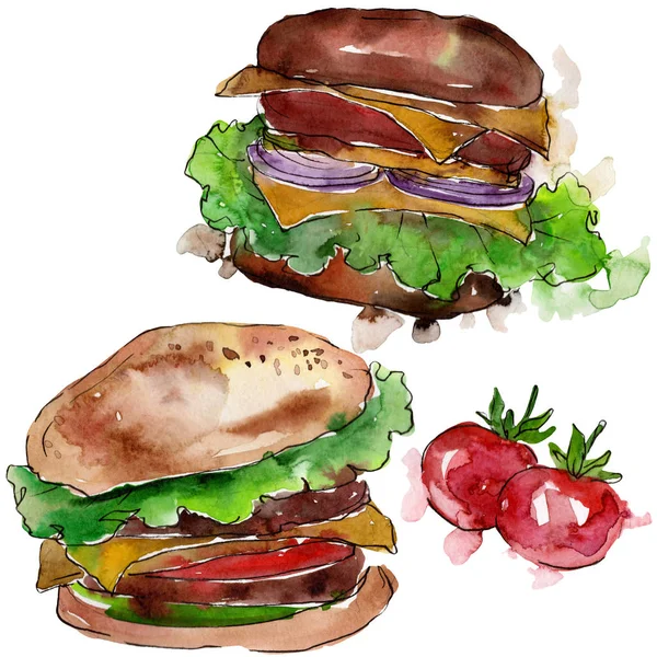 Hamburger fast food isolato. Acquerello sfondo illustrazione set. Elemento di illustrazione snack isolato . — Foto Stock