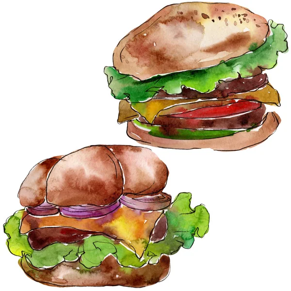 Hamburger fast food isolated. Watercolor background illustration set. Isolated snack illustration element. — Stock Photo, Image