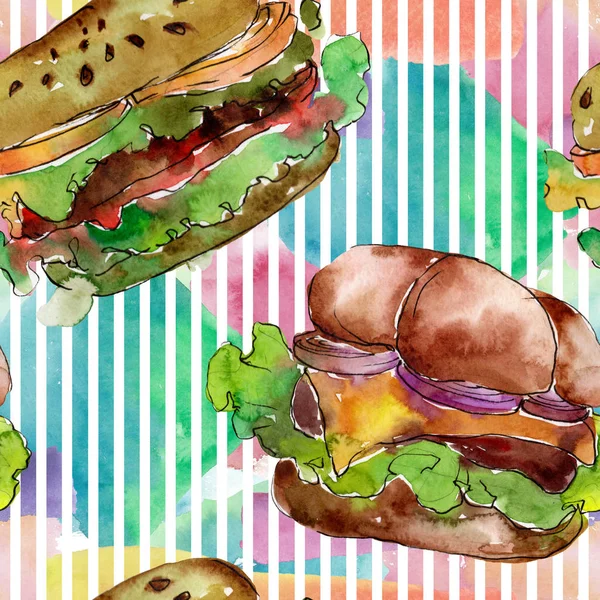 Hamburger makanan cepat saji terisolasi. Set ilustrasi latar belakang cat air. Pola latar belakang mulus . — Stok Foto