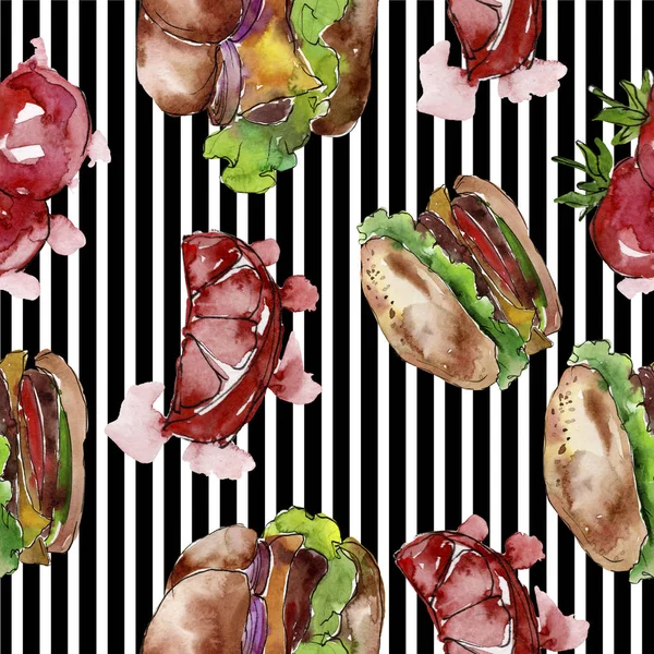 Hamburger fast food isolé. Ensemble d'illustration de fond aquarelle. Modèle de fond sans couture . — Photo