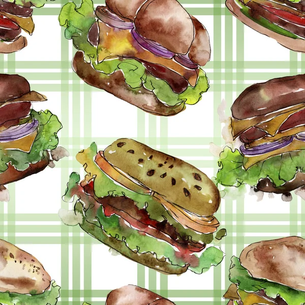Hamburger Fast Food isoliert. Aquarell Hintergrundillustration Set. nahtloses Hintergrundmuster. — Stockfoto