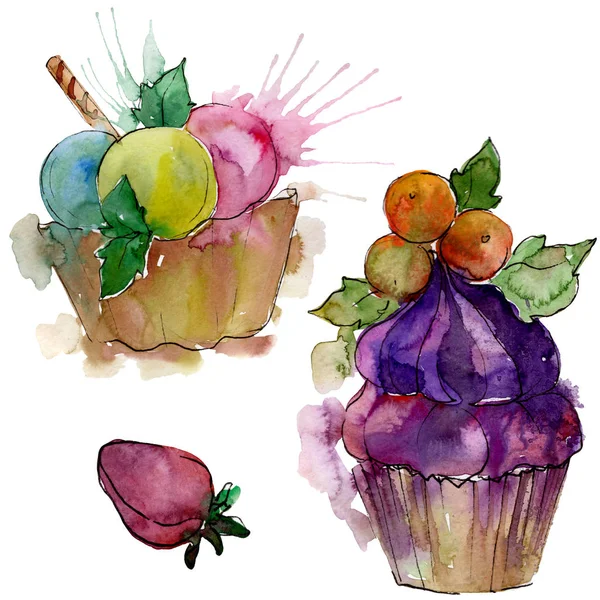 Tasty cupcake in a watercolor style. Aquarelle sweet dessert illustration set. Isolated desserts background element. — Stock Photo, Image