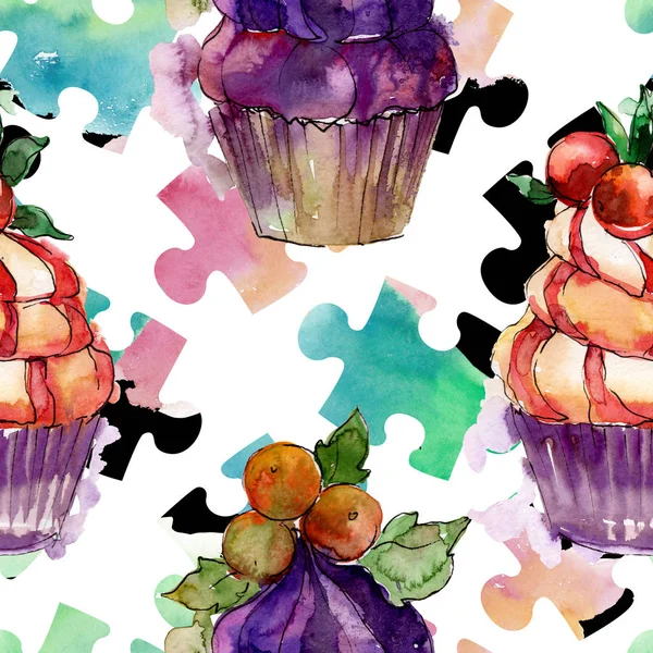 Gustoso cupcake in stile acquerello. Set illustrazione dolce dolce Aquarelle. Modello di sfondo senza soluzione di continuità . — Foto Stock