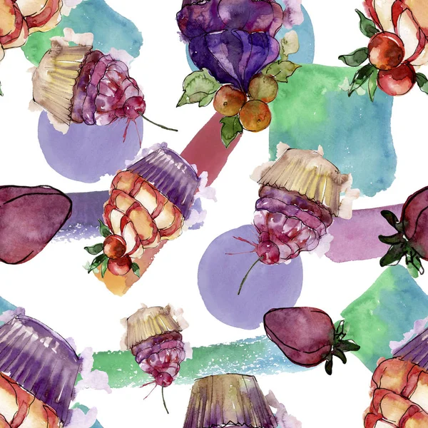 Tasty cupcake in a watercolor style. Aquarelle sweet dessert illustration set. Seamless background pattern. — Stock Photo, Image