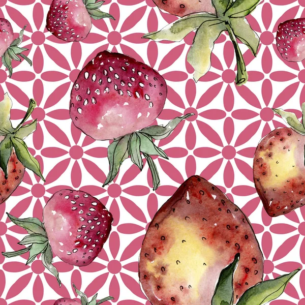 Comida saludable de fresa. Conjunto de ilustración de fondo acuarela. Patrón de fondo sin costuras . — Foto de Stock